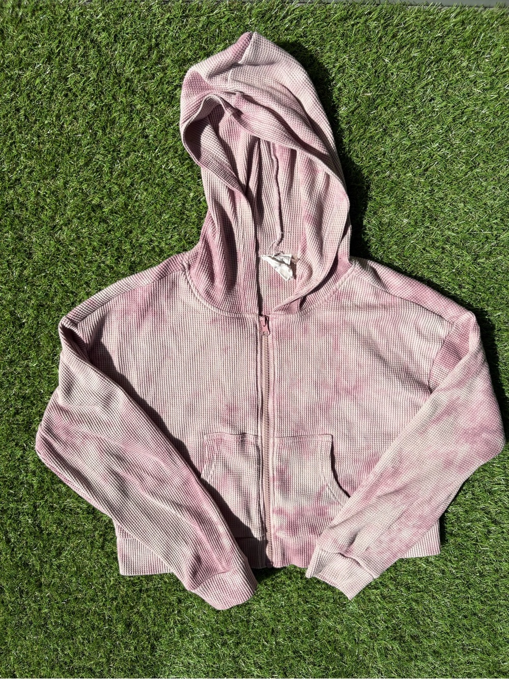Pink Tie Dyed Waffle Knit Cropped Zip Up